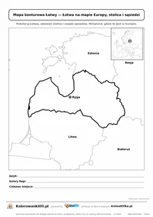 Mapa konturowa Łotwy ze stolicą Ryga i miniaturą Europy — karta do druku