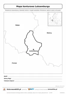 Mapa konturowa Luksemburga ze stolicą Luksemburg i miniaturą Europy — karta do druku