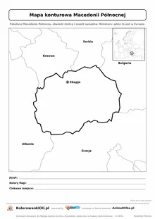 Mapa konturowa Macedonii Północnej ze stolicą Skopje i miniaturą Europy — karta do druku