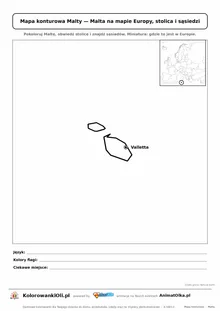 Mapa konturowa Malty ze stolicą Valletta i miniaturą Europy — karta do druku