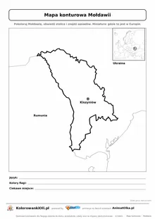 Mapa konturowa Mołdawii ze stolicą Kiszyniów i miniaturą Europy — karta do druku