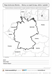 Mapa konturowa Niemiec ze stolicą Berlin i miniaturą Europy — karta do druku