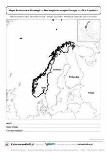 Mapa konturowa Norwegii ze stolicą Oslo i miniaturą Europy — karta do druku