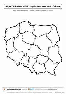Czysta mapa konturowa Polski bez nazw — 16 województw do podpisania, klasy 4–6