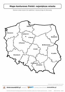 Mapa konturowa Polski z 12 największymi miastami do druku — karta pracy dla klas 2–4