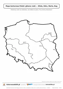 Mapa konturowa Polski z głównymi rzekami: Wisła, Odra, Warta, Bug, Narew, San — do druku