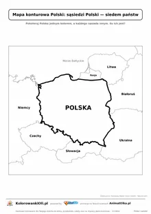 Mapa konturowa Polski z siedmioma sąsiadami: Niemcy, Czechy, Słowacja, Ukraina, Białoruś, Litwa, Rosja