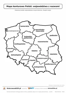 Mapa konturowa Polski z 16 województwami i nazwami — karta pracy do druku dla klas 1–3