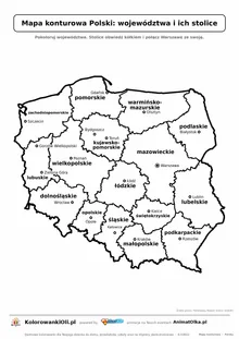Mapa konturowa Polski z województwami i 18 stolicami wojewódzkimi — karta do druku dla klas 2–4