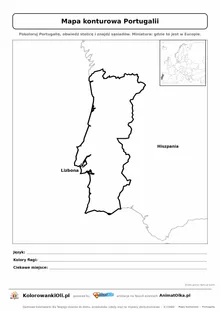 Mapa konturowa Portugalii ze stolicą Lizbona i miniaturą Europy — karta do druku