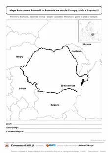 Mapa konturowa Rumunii ze stolicą Bukareszt i miniaturą Europy — karta do druku