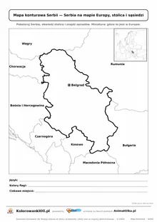 Mapa konturowa Serbii ze stolicą Belgrad i miniaturą Europy — karta do druku