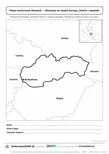 Mapa konturowa Słowacji ze stolicą Bratysława i miniaturą Europy — karta do druku