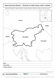 Mapa konturowa Słowenii ze stolicą Lublana i miniaturą Europy — karta do druku