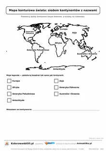 Mapa konturowa świata z siedmioma kontynentami i nazwami — do druku dla klas 1–3