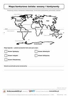 Mapa konturowa świata z oceanami, kontynentami i równikiem — karta do druku dla klas 2–4