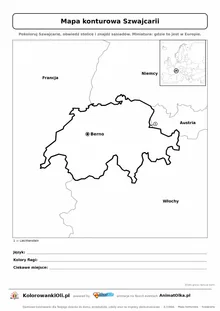 Mapa konturowa Szwajcarii ze stolicą Berno i miniaturą Europy — karta do druku