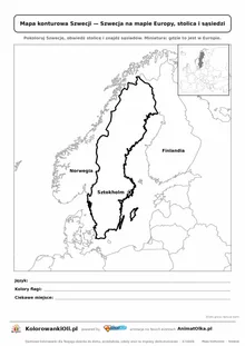 Mapa konturowa Szwecji ze stolicą Sztokholm i miniaturą Europy — karta do druku
