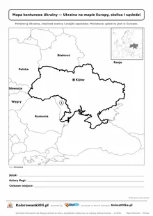Mapa konturowa Ukrainy ze stolicą Kijów i miniaturą Europy — karta do druku