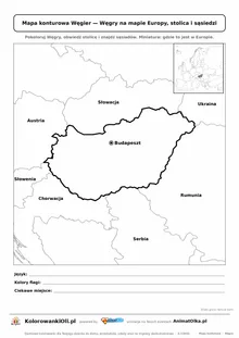 Mapa konturowa Węgier ze stolicą Budapeszt i miniaturą Europy — karta do druku