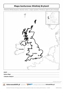 Mapa konturowa Wielkiej Brytanii ze stolicą Londyn i miniaturą Europy — karta do druku