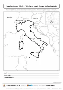 Mapa konturowa Włoch ze stolicą Rzym i miniaturą Europy — karta do druku