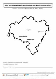 Prosta mapa konturowa województwa dolnośląskiego ze stolicą i miastami — dla zerówki i klasy 1
