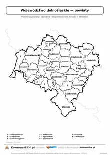 Mapa konturowa województwa dolnośląskiego z powiatami do pokolorowania — karta pracy A4, klasy 4–6