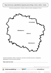 Prosta mapa konturowa województwa kujawsko-pomorskiego ze stolicą i miastami — dla zerówki i klasy 1