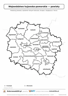 Mapa konturowa województwa kujawsko-pomorskiego z powiatami do pokolorowania — karta pracy A4, klasy 4–6
