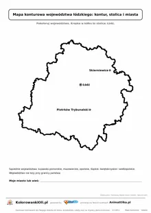 Prosta mapa konturowa województwa łódzkiego ze stolicą i miastami — dla zerówki i klasy 1