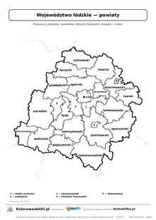 Mapa konturowa województwa łódzkiego z powiatami do pokolorowania — karta pracy A4, klasy 4–6