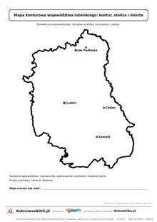 Prosta mapa konturowa województwa lubelskiego ze stolicą i miastami — dla zerówki i klasy 1