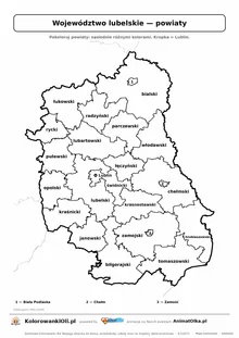 Mapa konturowa województwa lubelskiego z powiatami do pokolorowania — karta pracy A4, klasy 4–6