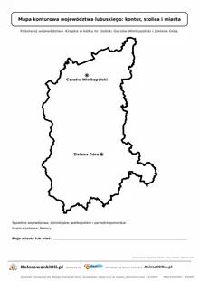 Prosta mapa konturowa województwa lubuskiego ze stolicą i miastami — dla zerówki i klasy 1
