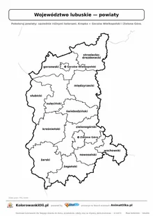 Mapa konturowa województwa lubuskiego z powiatami do pokolorowania — karta pracy A4, klasy 4–6