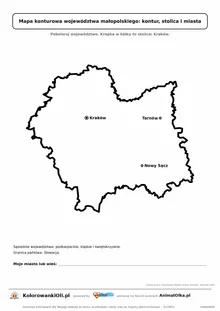 Prosta mapa konturowa województwa małopolskiego ze stolicą i miastami — dla zerówki i klasy 1