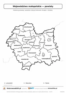 Mapa konturowa województwa małopolskiego z powiatami do pokolorowania — karta pracy A4, klasy 4–6