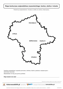 Prosta mapa konturowa województwa mazowieckiego ze stolicą i miastami — dla zerówki i klasy 1