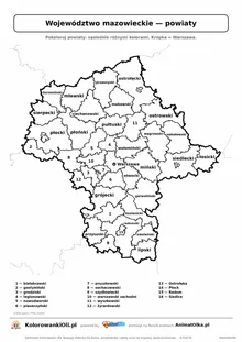 Mapa konturowa województwa mazowieckiego z powiatami do pokolorowania — karta pracy A4, klasy 4–6