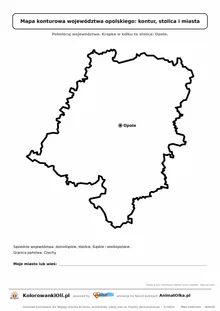 Prosta mapa konturowa województwa opolskiego ze stolicą i miastami — dla zerówki i klasy 1