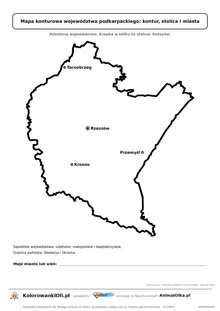 Prosta mapa konturowa województwa podkarpackiego ze stolicą i miastami — dla zerówki i klasy 1