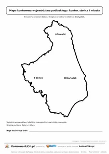 Prosta mapa konturowa województwa podlaskiego ze stolicą i miastami — dla zerówki i klasy 1