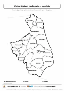 Mapa konturowa województwa podlaskiego z powiatami do pokolorowania — karta pracy A4, klasy 4–6