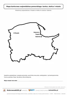 Prosta mapa konturowa województwa pomorskiego ze stolicą i miastami — dla zerówki i klasy 1