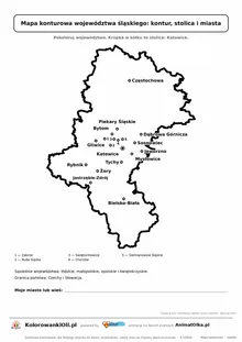 Prosta mapa konturowa województwa śląskiego ze stolicą i miastami — dla zerówki i klasy 1