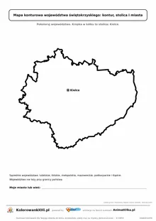 Prosta mapa konturowa województwa świętokrzyskiego ze stolicą i miastami — dla zerówki i klasy 1