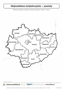 Mapa konturowa województwa świętokrzyskiego z powiatami do pokolorowania — karta pracy A4, klasy 4–6
