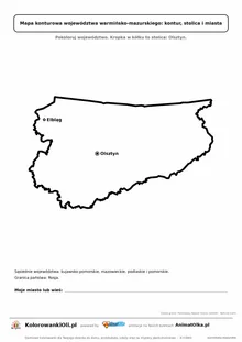 Prosta mapa konturowa województwa warmińsko-mazurskiego ze stolicą i miastami — dla zerówki i klasy 1