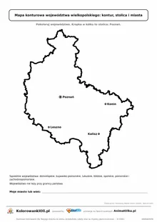 Prosta mapa konturowa województwa wielkopolskiego ze stolicą i miastami — dla zerówki i klasy 1